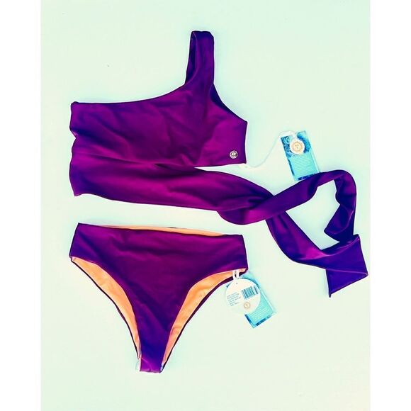 Surf Souleil NWT burgundy Goddess one shoulder side tie bikini, high waist sz S - Picture 1 of 9
